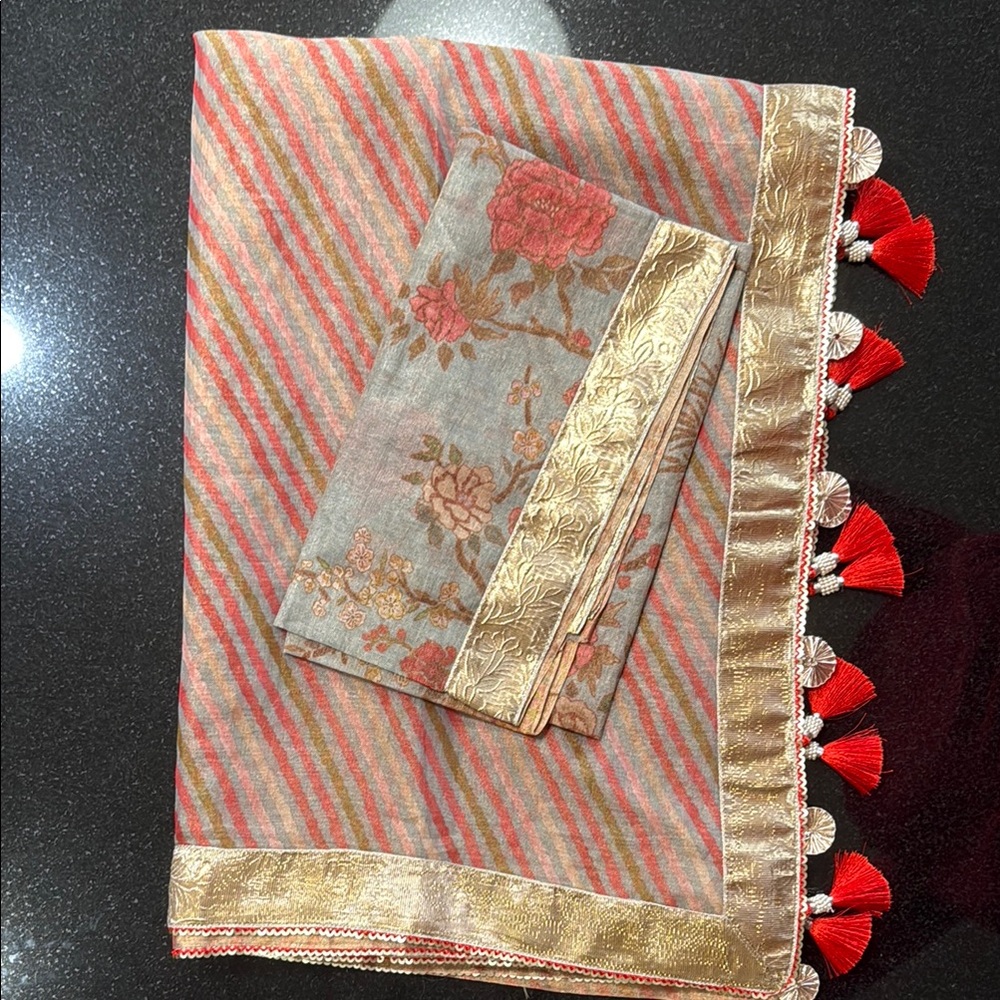 Floral and Striped Chanderi Silk Saree